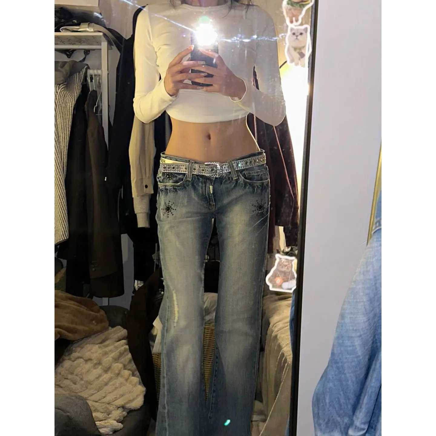 American Vintage Y2K Low Waist Bell Bottom Jeans Womens Wear Faded Slimming Crack Design Heavy Duty Dragging Pants Straight Leg M260310