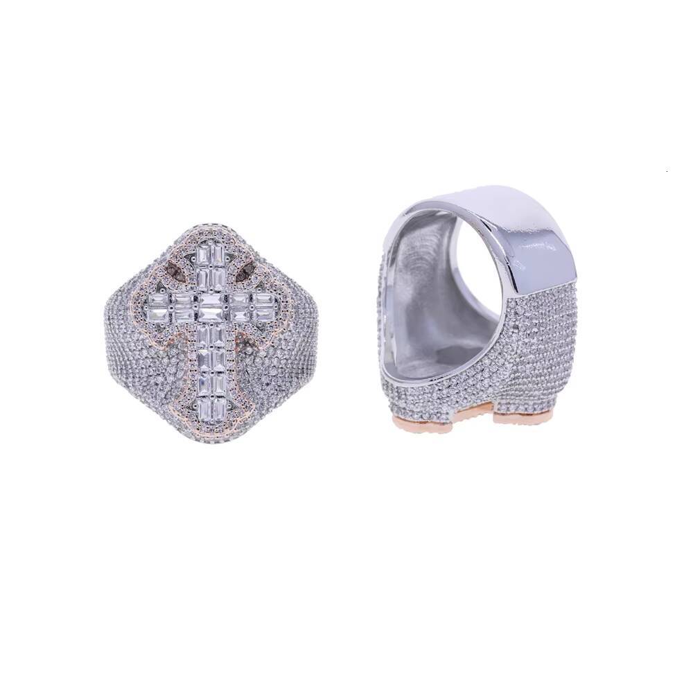 Big Heavy Two Tone Brass Classic Men Hip Hop Cross Ring Full Paved Geometric Round Square Cubic Zirconia Ring Jewelry