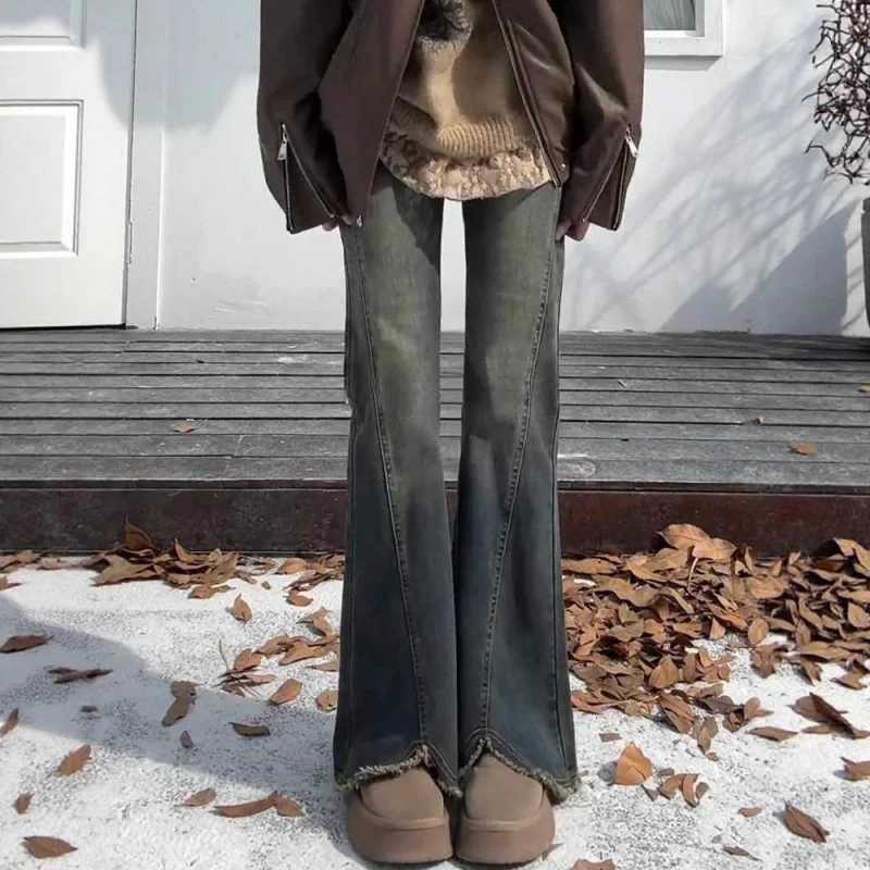 Cement Gray Frayed Hem Flared Micro Flare Jeans for 25 Plus Size High Waist Slimming Hip Covering Elastic Pants in Autumn Winter M260310