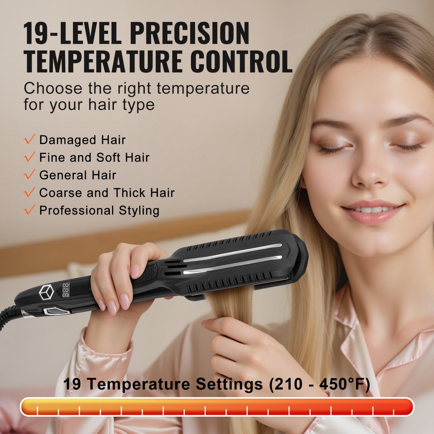 VEVOR Hair Straightener,1.5-inch Titanium Flat Iron,Dual Infrared Flat Iron with LCD Display and 19 Temp Levels -210°F to 450°F,Dual Voltage 110V/240V