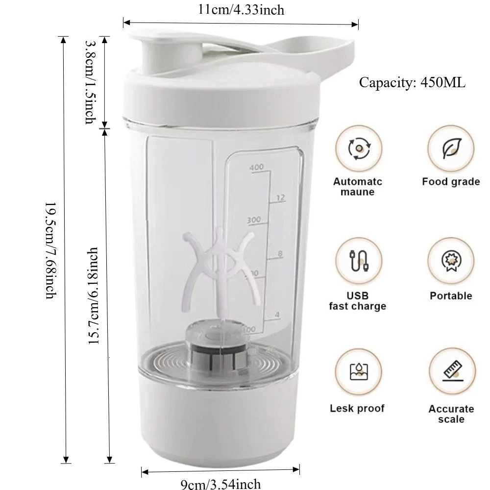 Electric Self Stirring Mug Protein Powder Milkshake Shaker Bottle USB Charging Shaker Cup with Scale 15 Oz Water Cup BPA FreeT251129