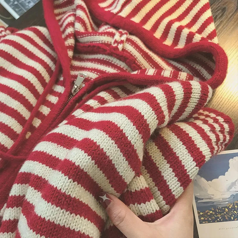 Oversized Knitted Striped Hooded Cardigan Women Autumn Winter Loose Casual Zipper Sweaters Versatile Knitting Outerwear 251128 - view 5