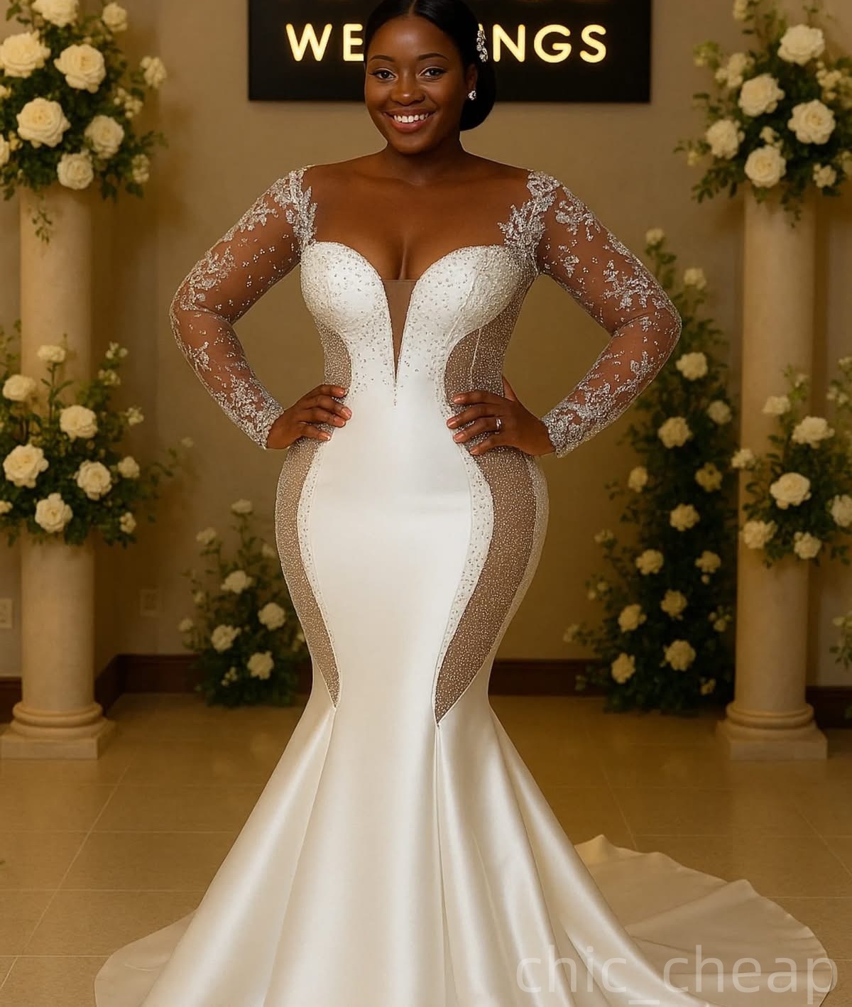 2025 Oversize Aso Ebi Plus Size Ivory Wedding Dress Illusion Lace Beaded Satin Full Sleeves Vintage Bridal Gowns Dresses ZJ058