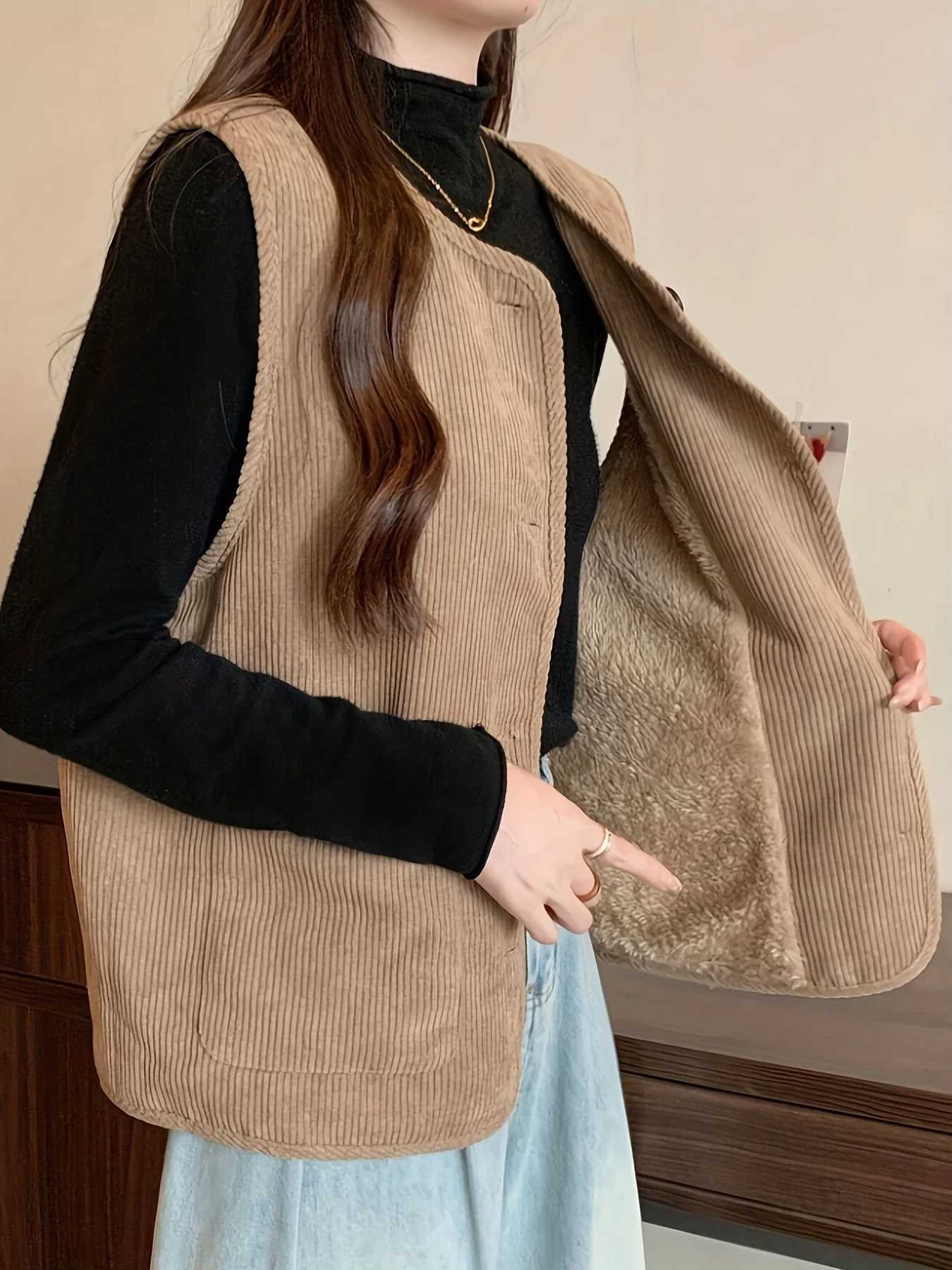 Womens Elegant Fleece-Lined Thickened Vest Autumn and Winter Fashionable Womens Clothing Comfortable and Soft Fabric Fashionable JacketT251129