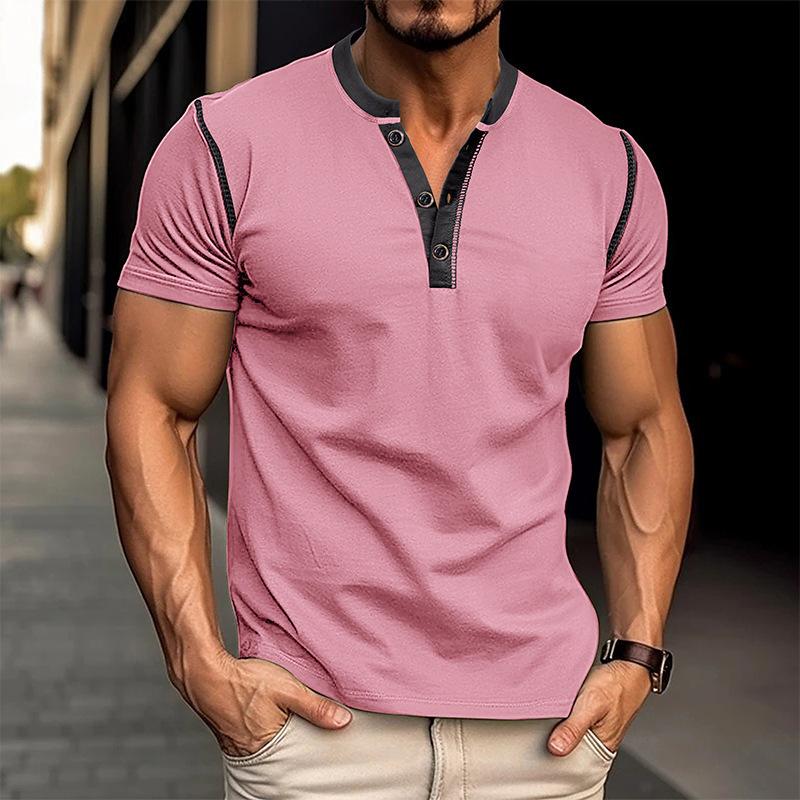 Mens Summer Henley T-Shirts Soft Stylish Contrast Color Button Down Crew Neck Short Sleeve Casual Basic Tops R250429