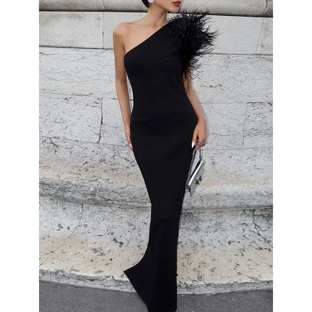 Dulzura Black Sleeveless One Shoulder Maxi For Women Bodycon Sexy Party Elegant Long Dress Birthday Evening Outfit