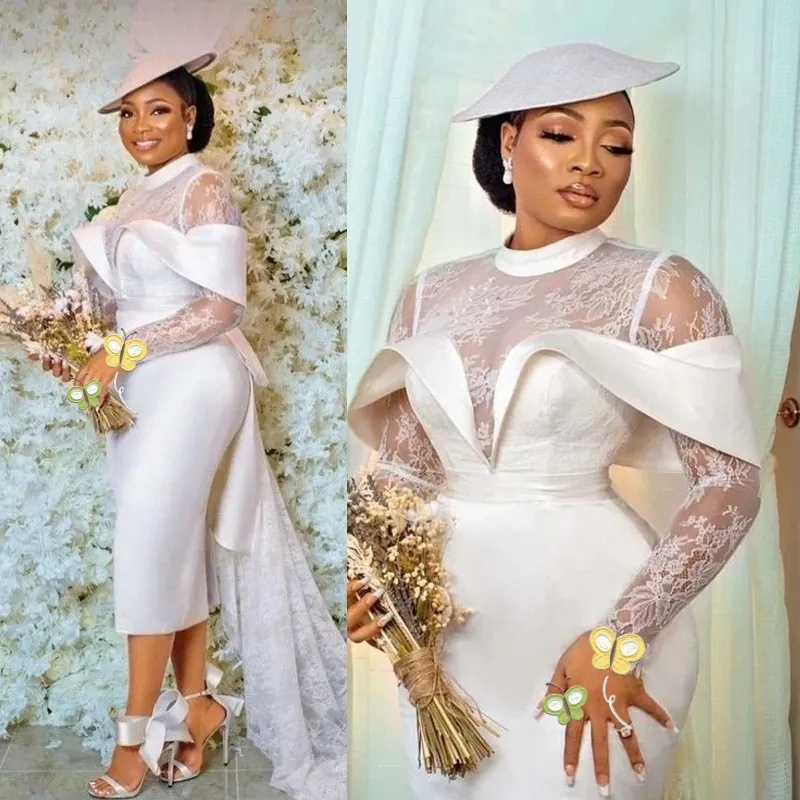 White Short Wedding Dresses Lace Long Sleeves Tea Length Satin Classic Bridal Gowns Women Brides After Wedding Party Gown Robe De Soiree