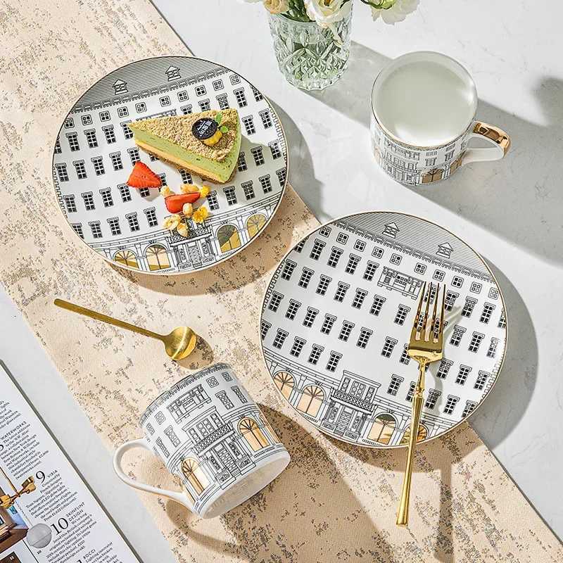 Luxury European-style Ran Architecture Ceramic Disc Coffee Cup Snacks Main Course Plate Kitchen Tableware Coffee g Storage Tray Y251129