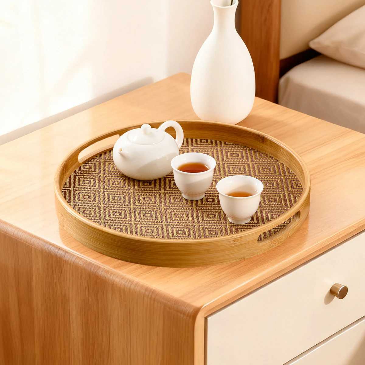 Bamboo Round Tray 158 Handles - Multi-Purpose Home Kitchen Beverage Storage Restaurant Platter Y251129