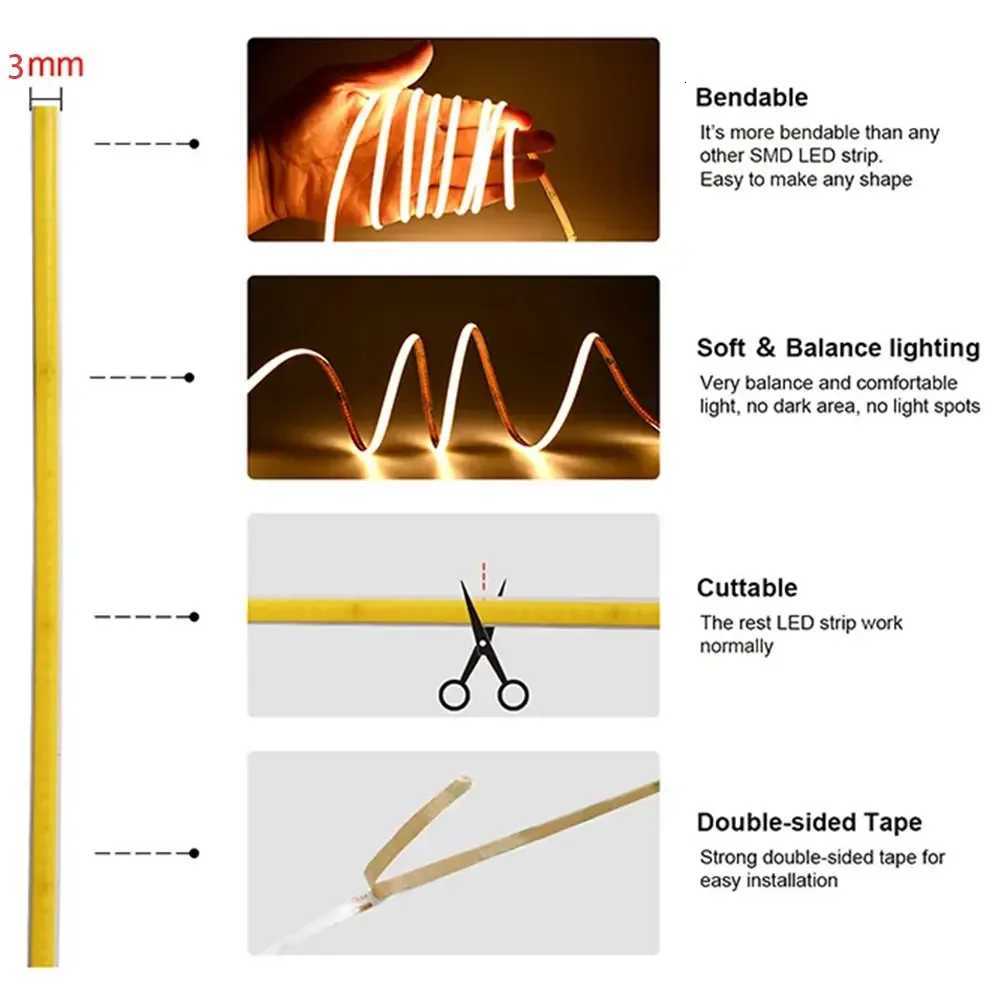 COB LED Strip Flexible High Density LED Strip 3mm COB Bar LED Light Warm 3000K White 6500K for Bedroom Kitchen Home M251129