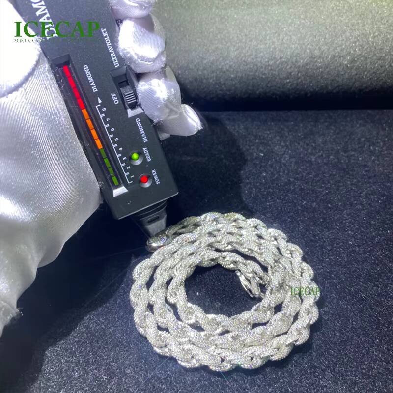 VVS Moissanite Rope Chain Necklace for Women Men 8mm Iced Out Tennis Style S925 Silver with Cuban Hip Hop Inspired Design