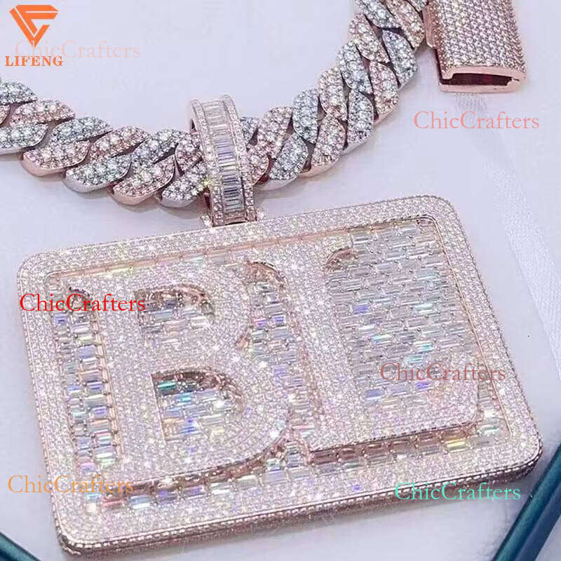 Custom Sterling Sier Chain Hip Hop Initial Letter Rose Gold Pendant Charms Baguette Cut Iced Out VVS Moissanite Jewelry