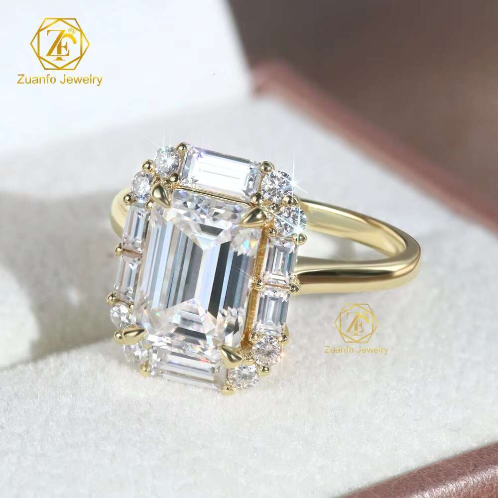 Luxury 14k Yellow Gold 3.5CT Emerald Cut Moissanite Halo Ring Woman Fine Jewelry Promise Moissanite Engagement Ring