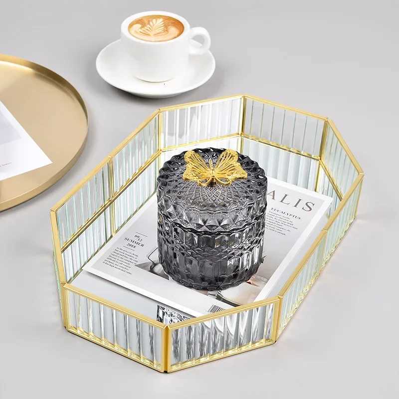 Makeup Storage Tray Glass Transparent Cosmetic Organizer Metal Perfume Lipstick Stand Rectangle Dresser Decoration Tray for Home Y251129