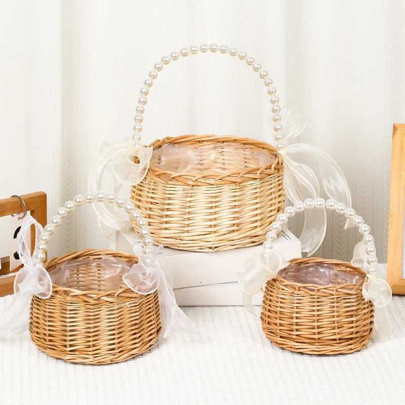 e Wicker Rattan Flower Child Basket With Pearl Handle And Bow Hand Woven Easter Basket Wicker Basket For Weddings brown Y251129