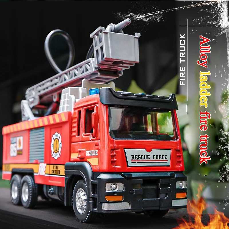 1/50 RC Sprinkler Fire Truck Diecast Alloy Toy With Light Music Water Simulation Spray Ladder Rescue Car Kids Toy Christmas Gift J251129