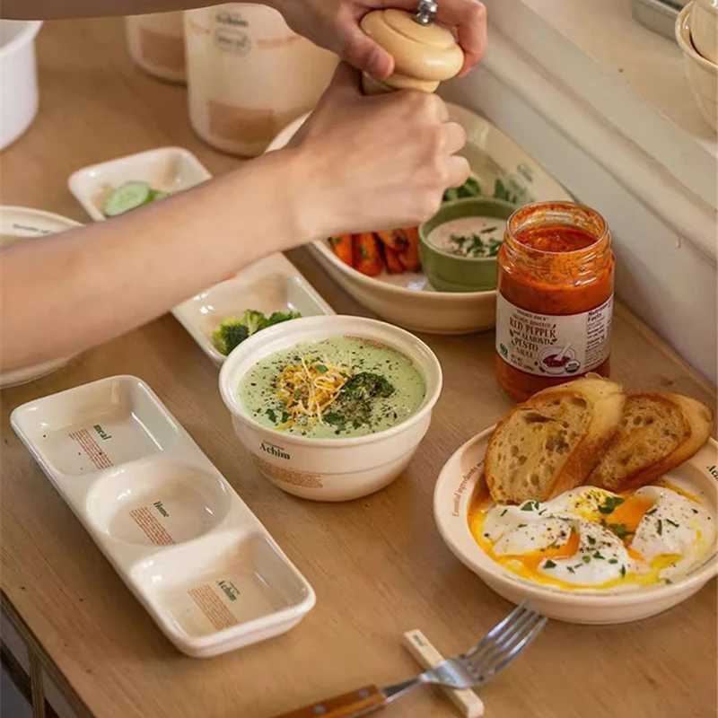 Luxury Ceramic Plate Set Oval Plates Korean Simple Letter Printing Breakfast Fat-reducing Meal Dishes Three-plate Kitchen Tableware Set Y251129