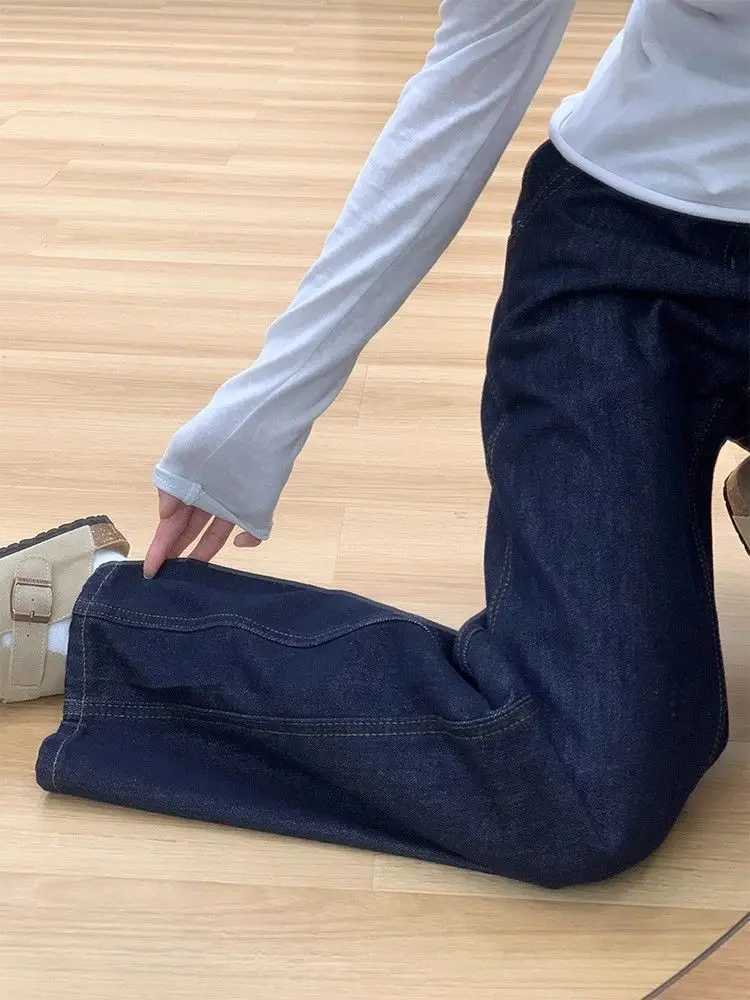 American Retro Dark Blue High Waist Loose Womens Jeans 2025 Autumn Winter Stylish Wide Leg Pants M260310