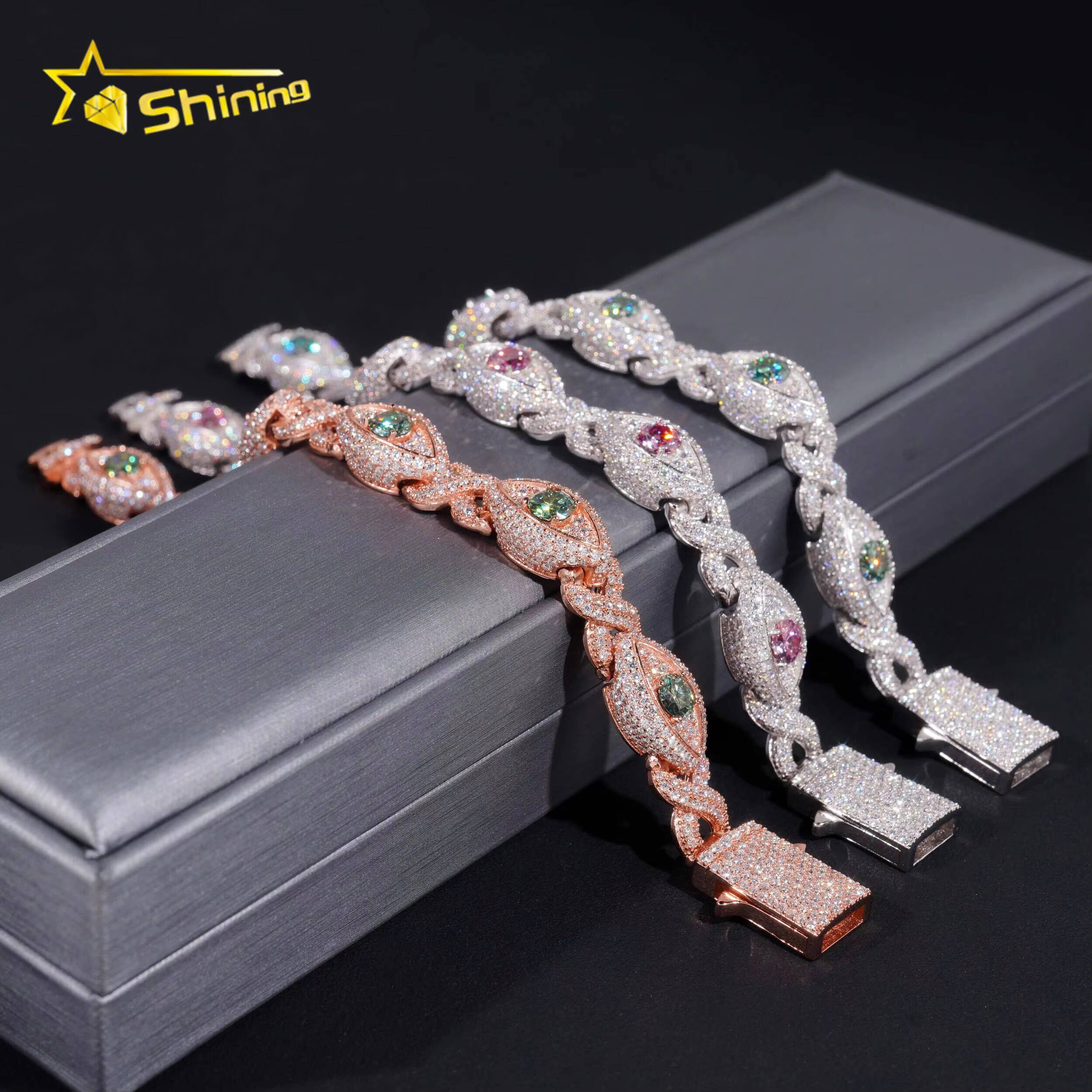 Hot Sale Colorful Moissanite Eye Design Mens Bracelet 925 Sterling Silver Gold Plated Cuban Link Chain Iced Out Bracelet