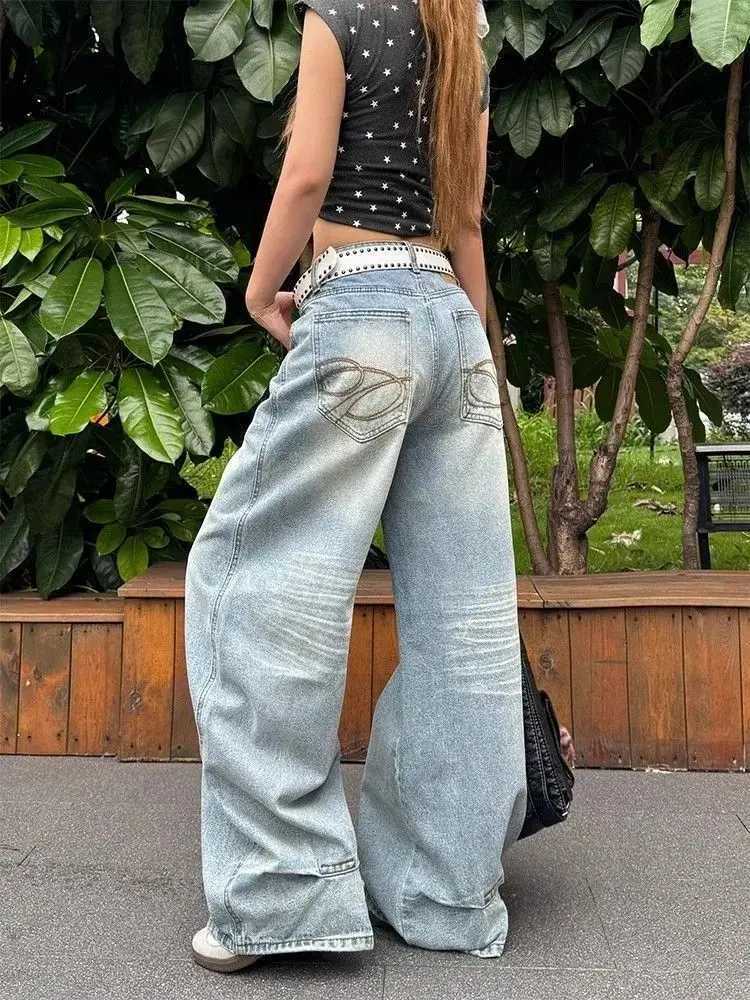 Casual Vintage Y2k Embroidery Jeans Women Blue High Waist Straight Baggy Denim Trousers American Retro 90s Street Wide Leg Jeans M260310