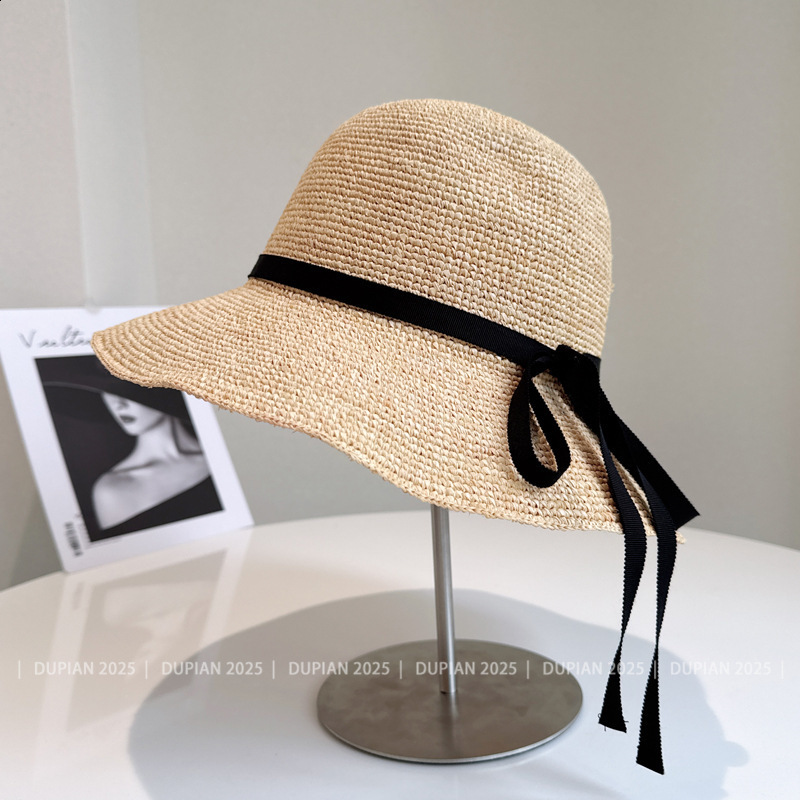 Handmade crochet Lafite grass French fine bow ribbon fishing hat womens summer sun protection straw hat sun basin hat250428