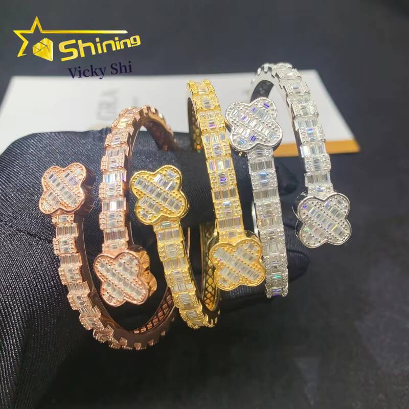 Iced Out Fine Jewelry S925 Silver Four Leaf Clover Design VVS Moissanite Diamond Bracelet Pass Diamond Tester