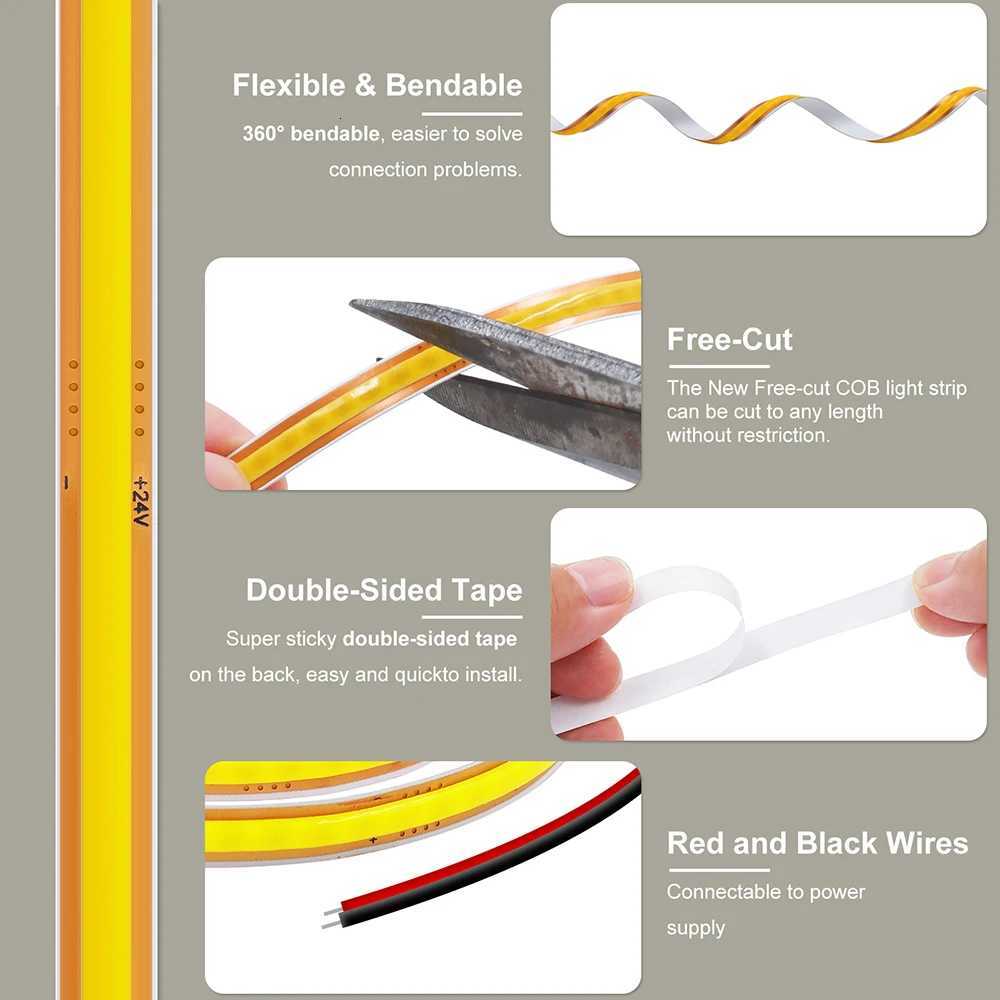 12V 24V 5mm 8mm PCB COB LED Strip Light Free Cut 400LEDs Flexible Tape 3000k 6000k 4000k 05m 1m 2m 5m 10m 20m Linear Lighting M251129