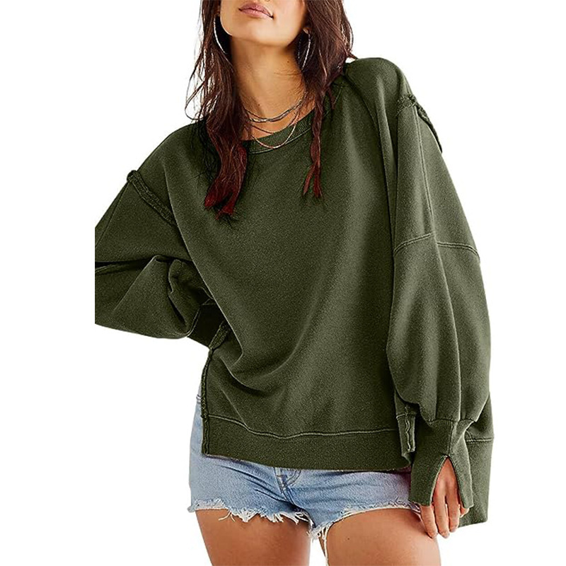 womens clothing autumn winter new womens oversized round neck sports shirt with side slit long sleeved hoodie for women