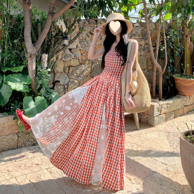 D721French holiday plaid lace stitching heavy tube top dress summer temperament waist slimming high-end feeling