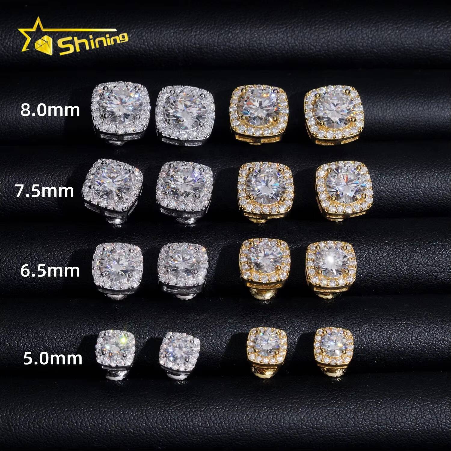 Pass Diamond Tester 925 Silver Screw Back Iced Out 1ct 2ct Hip Hop Halo Square Moissanite Stud Earrings