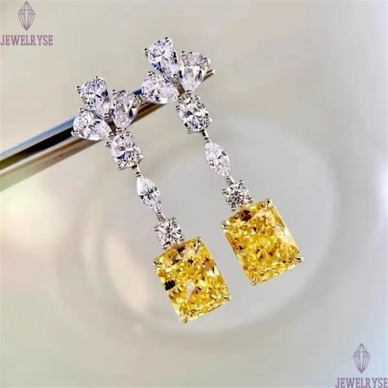 Sweet Cute Dangle Earring Luxury Jewelry 925 Sterling Silver Radiant Shape Yellow Topaz CZ Diamond Gemstones Ins Top Sell Long Chandelier Women Earrin