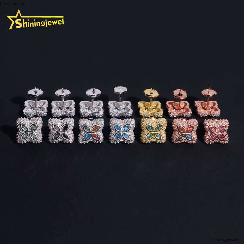 New Arrival Custom Hip-Hop Men's Ice-Cold 925 Silver Clover Flower Multicolor Marquise 15MM Millimeter VVS Moissanite Earrings