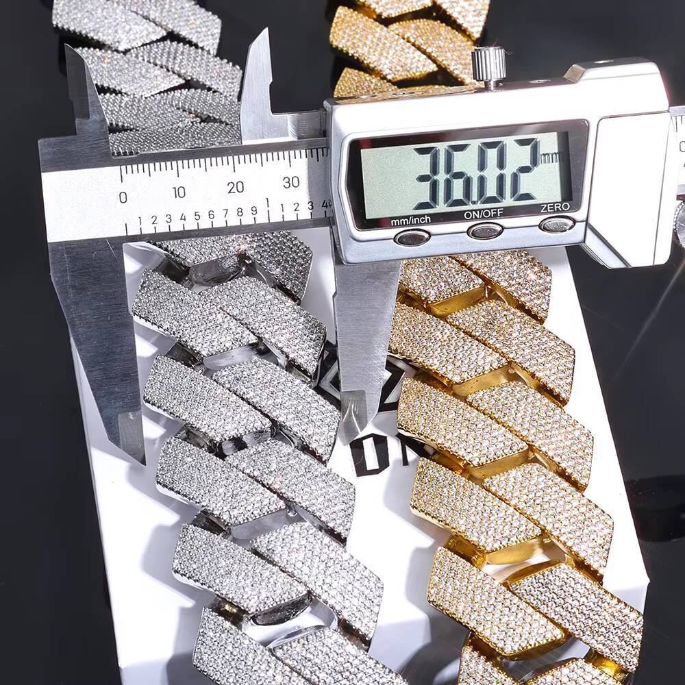 NUOYA 36mm Silver Plated Chunky Cuban Link Chain 7 ROW Diamond Prong Set Iced Hip Hop Necklace for Men Fine Jewelry