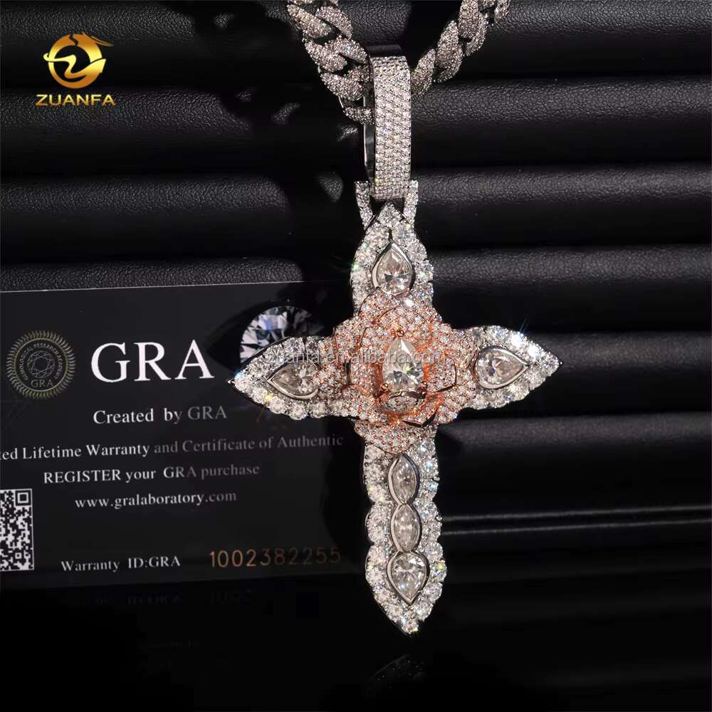 Cusrtomized Fashion Man Jewelry Rose+White Gold Color Hip Hop Pendant S925 VVS1 Moissanite Diamond Rose Flower Cross Pendant