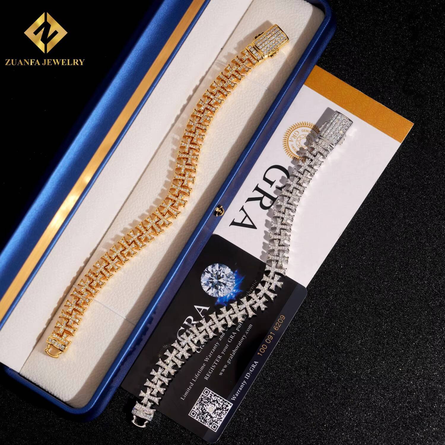 Zuanfa Jewelry Vvs Moissanite With a Cross Charms Bracelet 925 Silver Men Hip Hop Iced Out Cuban Chain for Men