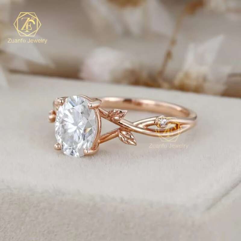 Custom Leaf Style 10K 14K 18K Real Rose Gold Gra Certified 1.5 ct 6x8mm Oval Moissanite Engagement Wedding Ring for Women
