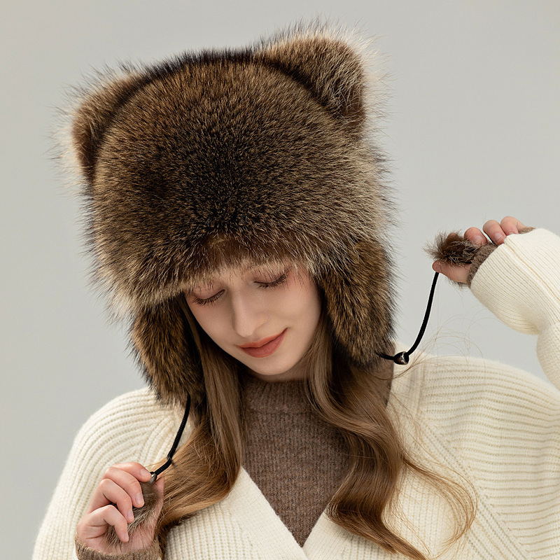 Trendy Womens Winter Hats Fluffy Stylish Warm Genuine Fashion Fur Hat Russian Raccoon Tail Hat 240910