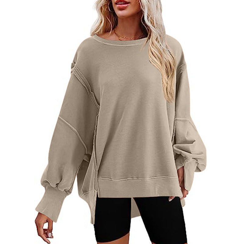 womens clothing autumn winter new womens oversized round neck sports shirt with side slit long sleeved hoodie for women