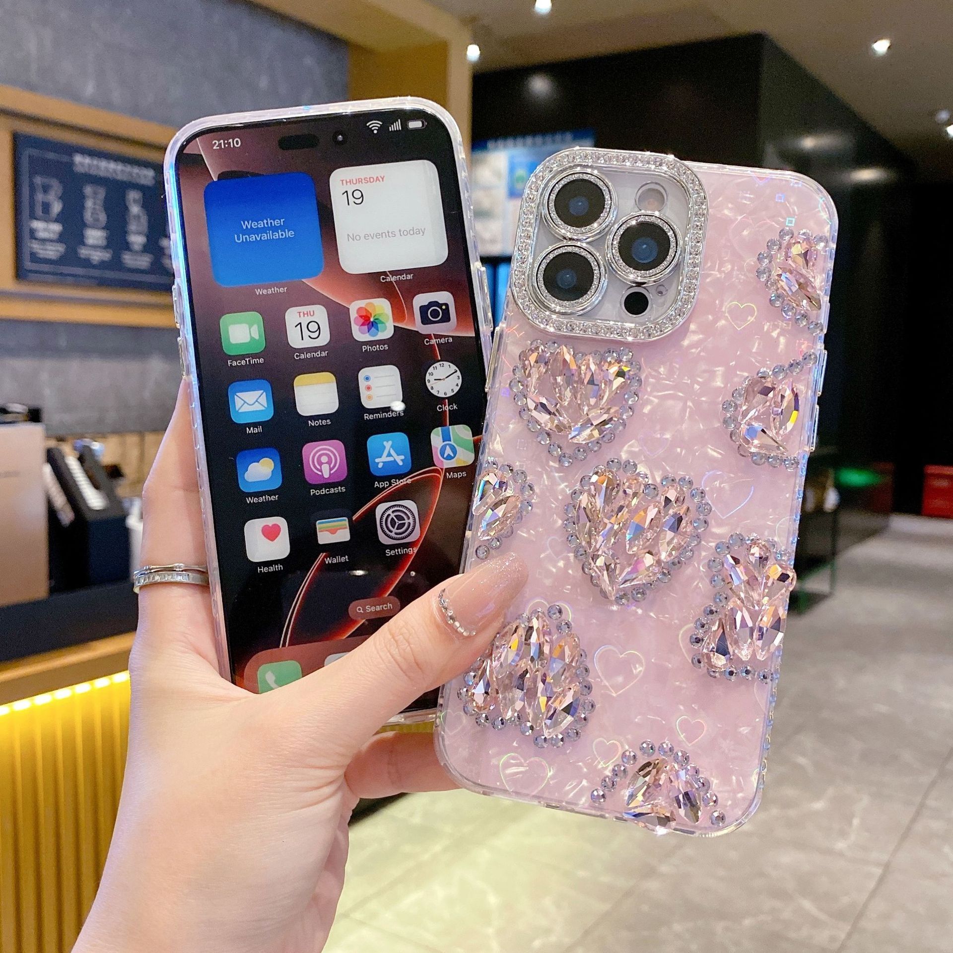 Pink Heart Diamond Phone Case iPhone 17 Pro Max Compatible with Apple 16/15 Plus Protective Case