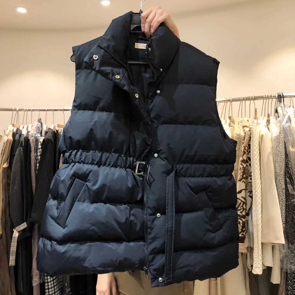 Women Cotton Padded Wasitcoat Elastic Waist Belt Slim Sleeveless Jackets Fall Winter Thick Warm Stand Collar Quilted Jacket VestT251129