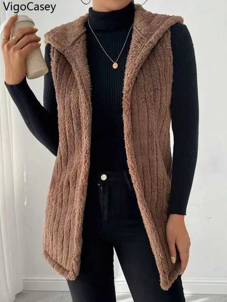 VigoCasey 2025 Autumn Winter Brown Long Thick Vest Coat Woman Sleeveless Plush Warm Waistcoat Lady Hooded Casual Vest JacketT251129