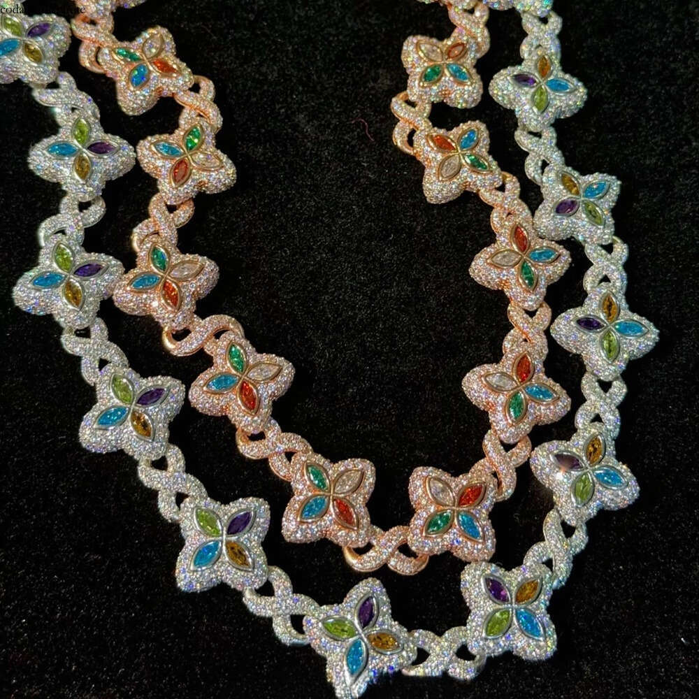 VVS Moissanite Yu Ying Custom Marquise Cut Fancy Color Silicon Stone Real Gold Plated S925 Silver Cuban Chain Necklace Hip Hop Jewelry