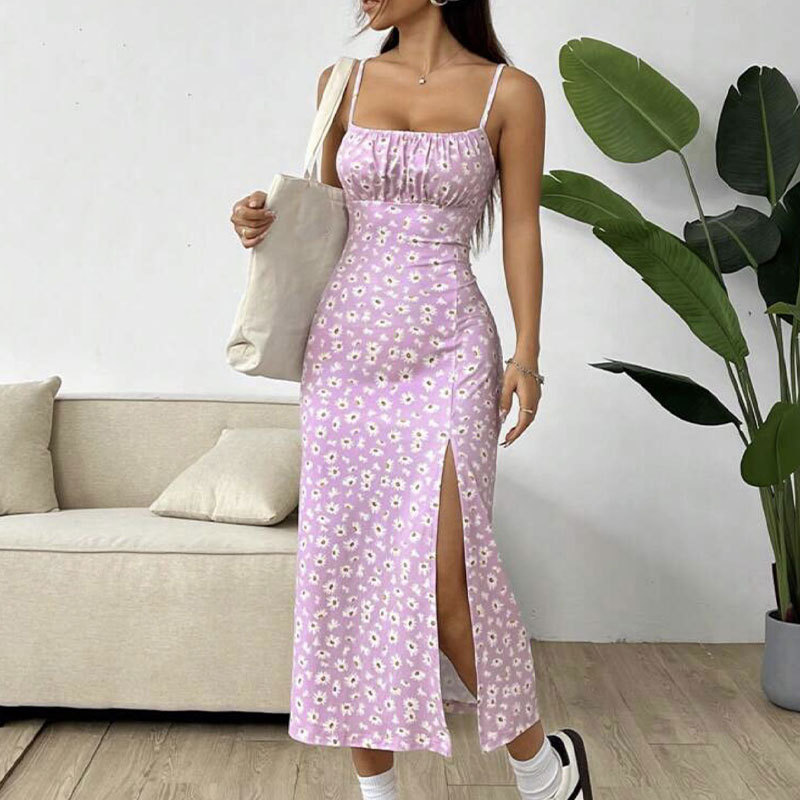 L1117New Amazon Spring and Summer Sling Wrap Chest Slit Daisy Hip-wrapped Printed Medium Dress for Women