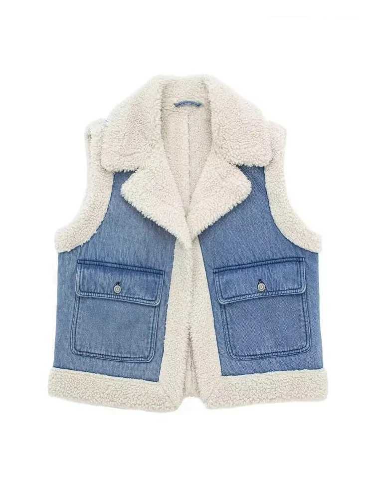 Womens Fashion Faux Lambswool Vest 2024 Fall and Winter Denim Lapel Sleeveless Pocket Thickened Warm Fleece Vest JacketT251129