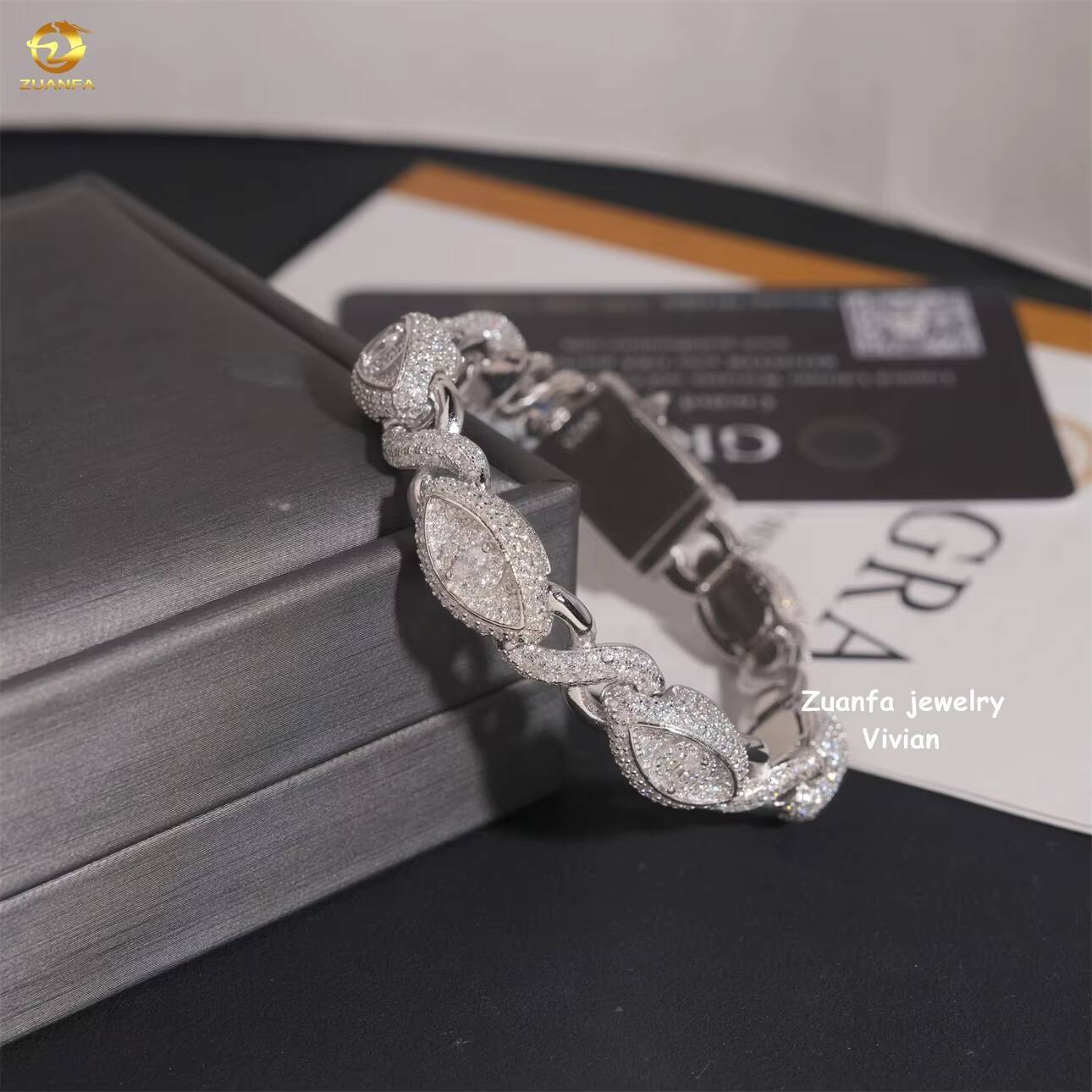 D Color VVS Moissanite Diamond Luxury Miossanite Hip Hop Fine Jewelry Sterling Silver 925 Miami Cuban Link Chain Bracelet