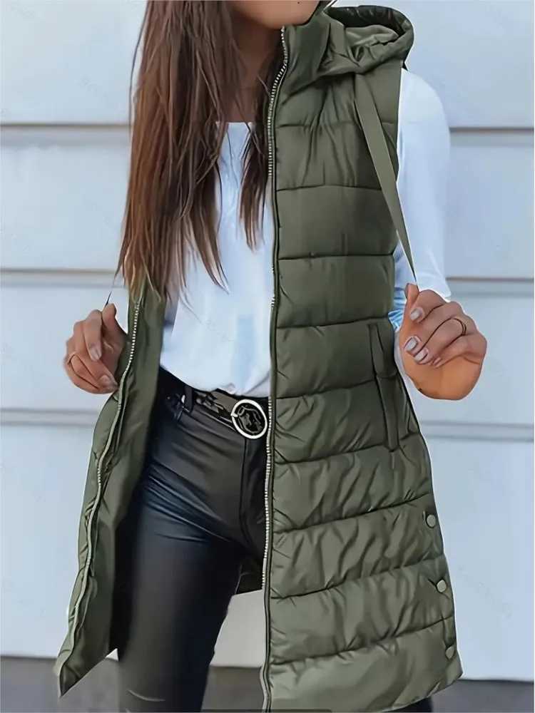 Casual Solid Color Hooded Zipper Vest Jacket For Womens Autumn Winter With Cotton Patchwork Slit Warmth Thickened Female VestT251129