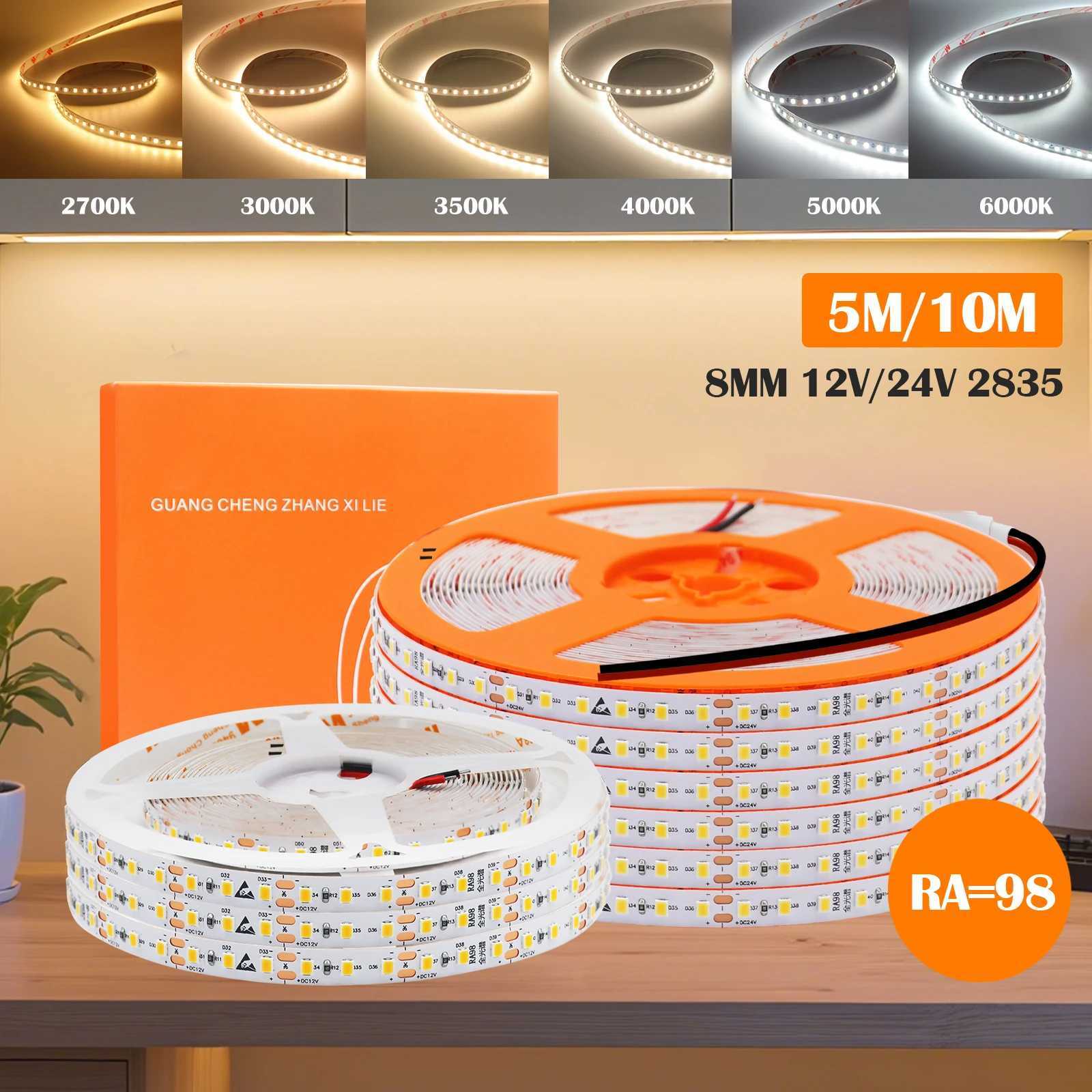 RA98 LED Strip 24V 12V 8MM PCB Full Spectrum 2700K 3000K 3500K 4000K 5000K 6000K No Flicker 2835 120Leds/M Ribbon Tape Light M251129