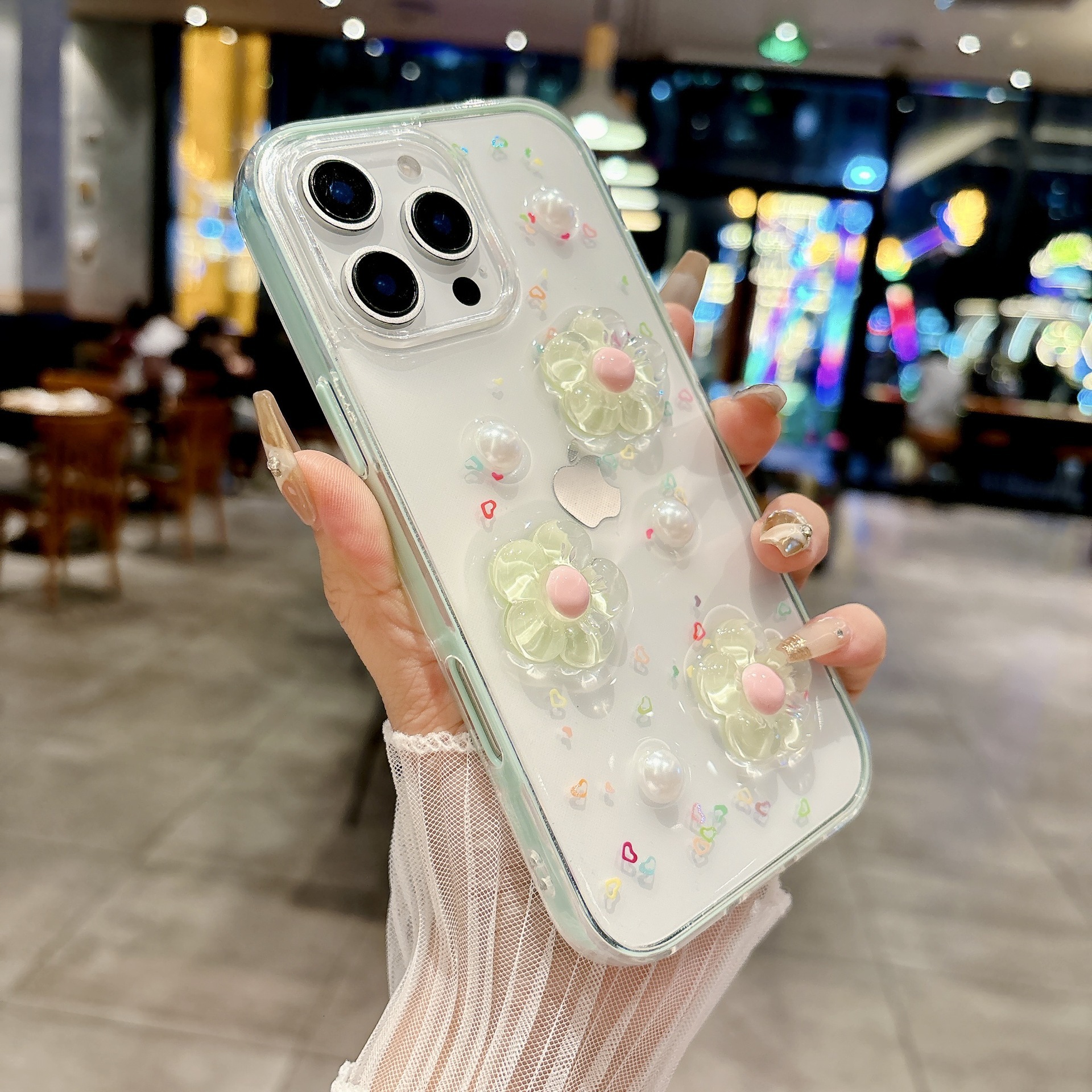 Pearl Candy Flower Phone Case Suitable for iPhone 16/15 Pro Max Transparent Resin Protective Case iPhone 14/13