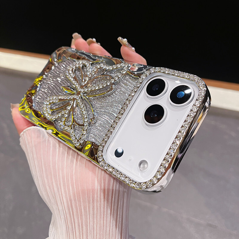 Hollow Large Butterfly Rhinestone Phone Case Compatible with iPhone 17 Pro Max Water Ripple Electroplated Soft Case iPhone 16/15