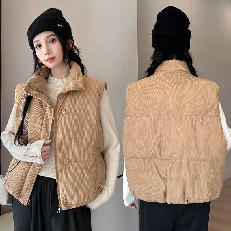 Autumn Winter Sleeveless Puffer Vest Jacket Women Stand Collar Down Cotton Vest Coat Corduroy Puffer Waistcoat OutwearT251129